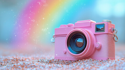 Pink camera with rainbow background  