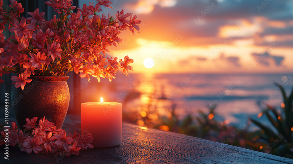 Poster sunset view with flowers and candle by the ocean creating a serene atmosphere for relaxation. genera