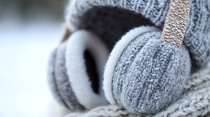 A close-up of soft fleece ear warmers with a wool knit hat and scarf, ideal for cold winter days 