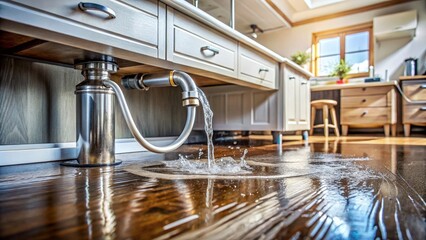 Water Leaking from Drain Hose Under Sink: A Close-Up View of the Problematic Area, Highlighting the Damage and Water Accumulation Beneath the Kitchen Cabinet and Surroundings