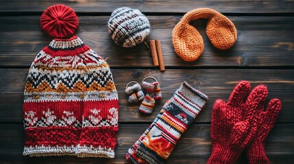A flat lay of winter accessories including ear warmers, mittens, and a knitted sweater, arranged on a wooden surface 