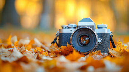 Autumnal Photography: DSLR Camera resting on a bed of vibrant fall leaves.  The warm, golden light of autumn creates a serene and inviting atmosphere.