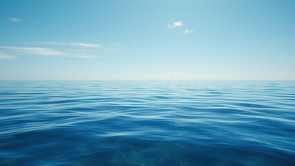 A tranquil scene of calm ocean water rippling under clear blue skies, wave, calm