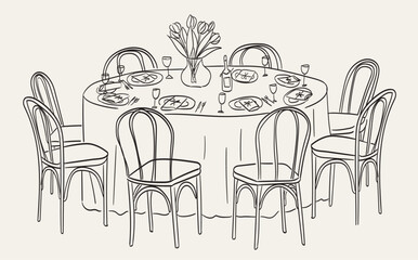 Hand drawn chalk table and chairs illustrations. Italian style wedding dinner table icon. Wine or champagne glass, plates drawings for wedding invitations, cafe menus and parties. Sketch doodle style.