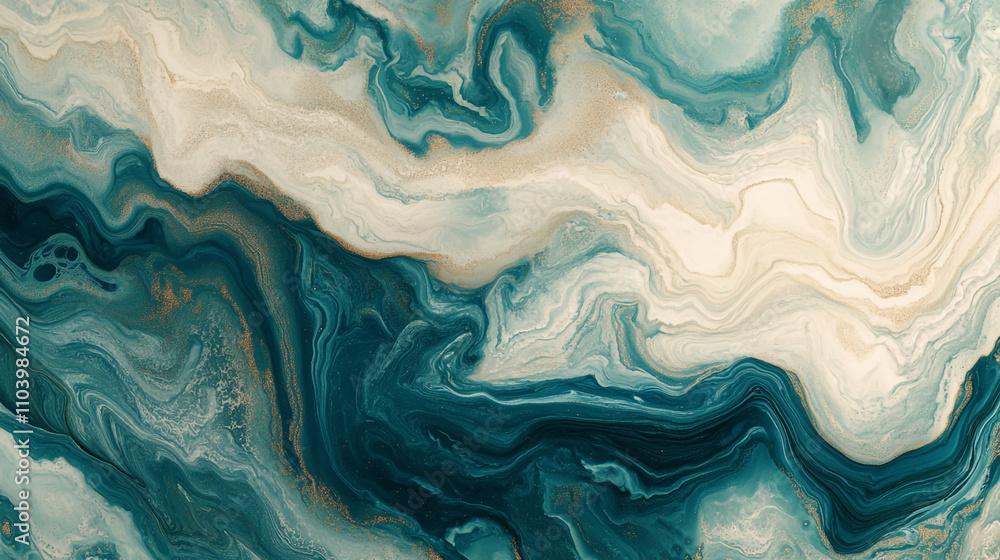 Poster Abstract turquoise and cream marble pattern with fluid textures and smooth waves