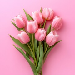 Fototapeta premium Beautiful composition spring flowers. Bouquet of pink tulips flowers on pastel pink background