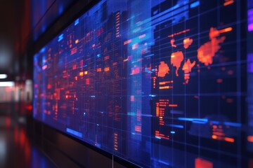 Fototapeta premium Detailed image of an AI-assisted forecasting system predicting global trade flows on a giant screen.