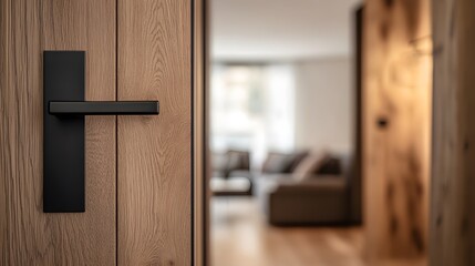 Modern Interior Door Handle on Wooden Door with Blurred Living Room Background, Showcasing Contemporary Design and Home Decor Elements