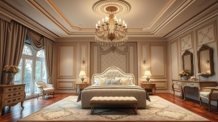 Luxurious bedroom with ample space and elegant decor, including a large comfortable bed, chandelier, and plush furniture, modern, cozy, interior design