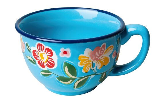 recommend clip art: Blue floral ceramic mug with vibrant flower design image isolated transparent. Retro teacup. Stylish drinkware cut out photo png. Decorative tea cup cutout element object photography