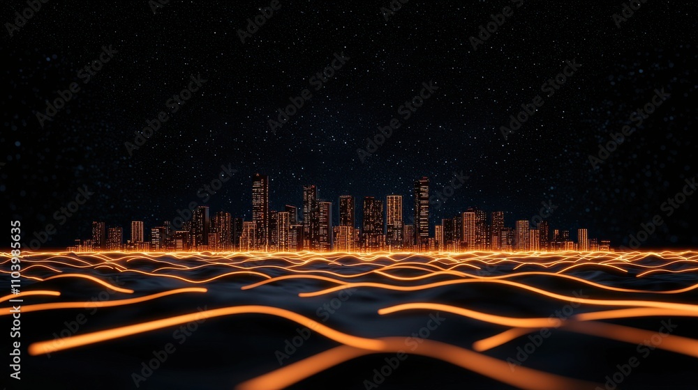 Poster a glowing city skyline emerges from wavy lines against a dark backdrop, creating a futuristic and ar