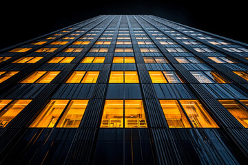 Looking up modern skyscraper striking glass facade illuminated windows reveal unique patterns and symmetry highlighting urban architecture night.