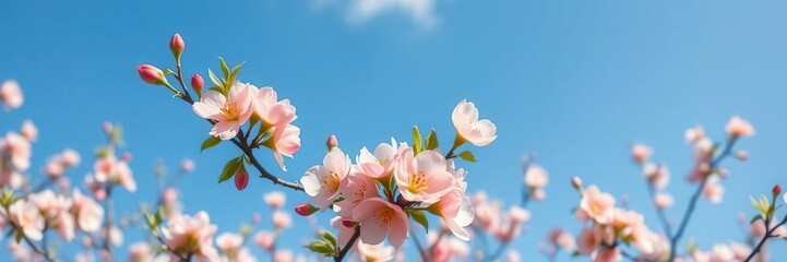 Obraz premium Peach flowers blooming in tree against blue sky backdrop in early spring, blue sky, flowers, growth