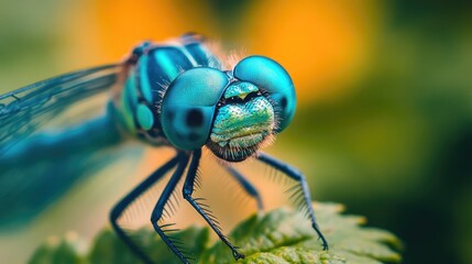 A blue dragonfly sits atop a lush green leaf, ready to take flight