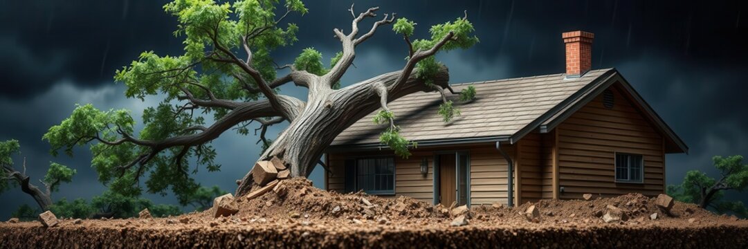 Tree falling on house roof during storm, causing insurance damage and mud destruction, storm, damage control, accident