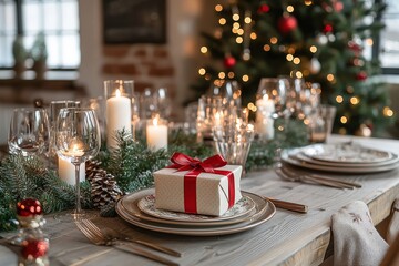 Elegant Christmas dinner table with candles, decorations, red ribbon gift box on plate, wine glasses, cutlery, and Christmas tree corner.