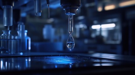 Laboratory scene with a pipette and liquid droplet.