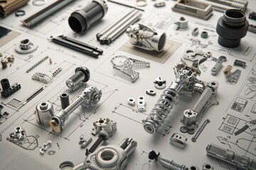 Fototapeta premium An array of metallic industrial parts on a blueprint.