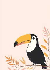 Fototapeta premium A cute toucan bird set against a light pink background with a clean, empty space simple clean lines minimalist style nursery illustration