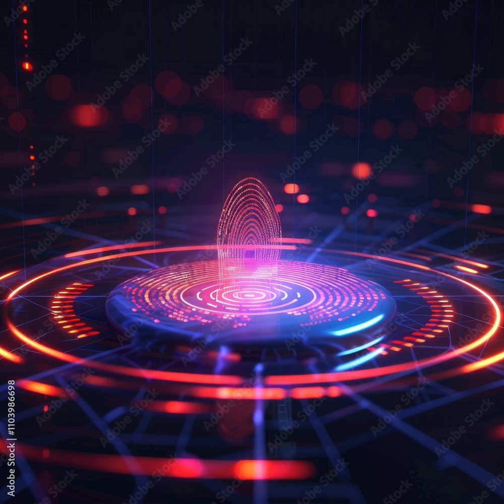 Poster a futuristic digital interface featuring glowing patterns and a central holographic element.