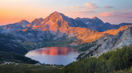 Golden light bathes towering mountain peaks sunrise reflecting softly serene lake revealing beauty vast landscape and natures tranquility.