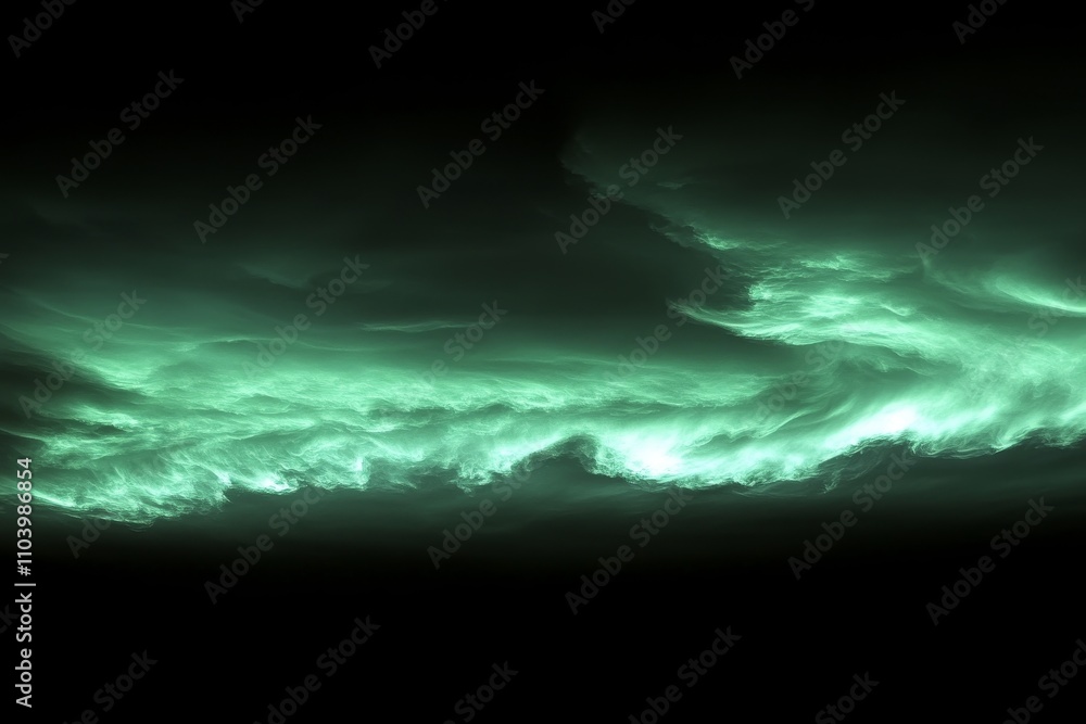 Poster ethereal green cloud formation in dark sky: mysterious abstract composition with smooth waves of lig