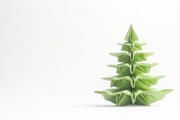 A single origami Christmas tree in green color placed on a white background