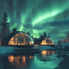 Fototapeta premium Modern Igloos Under Northern Lights in Winter Landscape