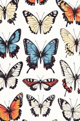 A group of vibrant butterflies sit on a clean white surface, showcasing their unique patterns and colors