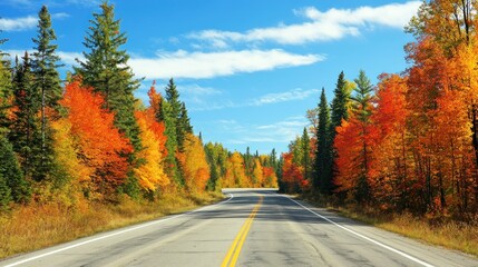 Fototapeta premium A scenic road surrounded by vibrant autumn foliage under a clear blue sky.