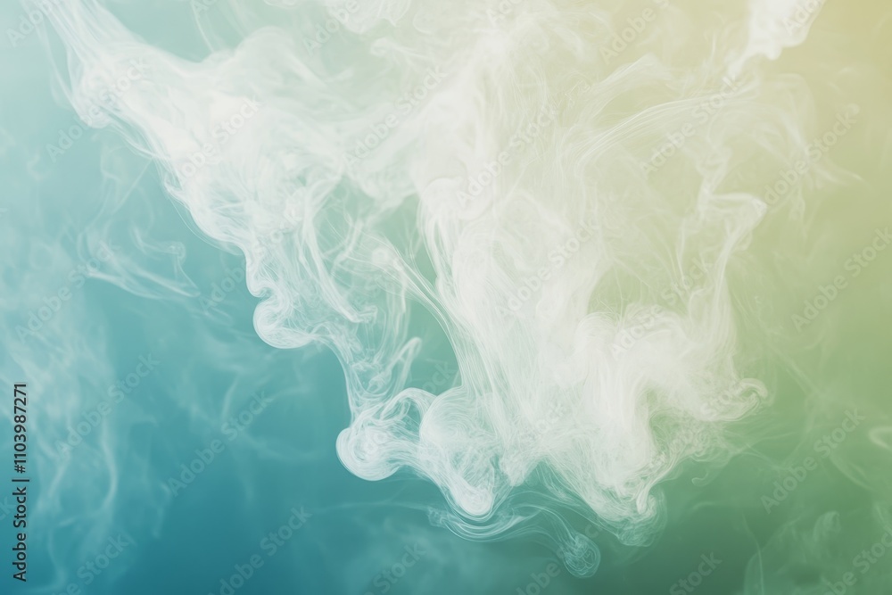 Poster ethereal swirling smoke against a soft gradient background in tones of blue and green, capturing the