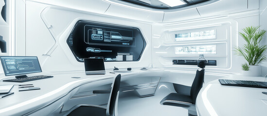 High-tech workspace, monitor screen, computer, sleek futuristic