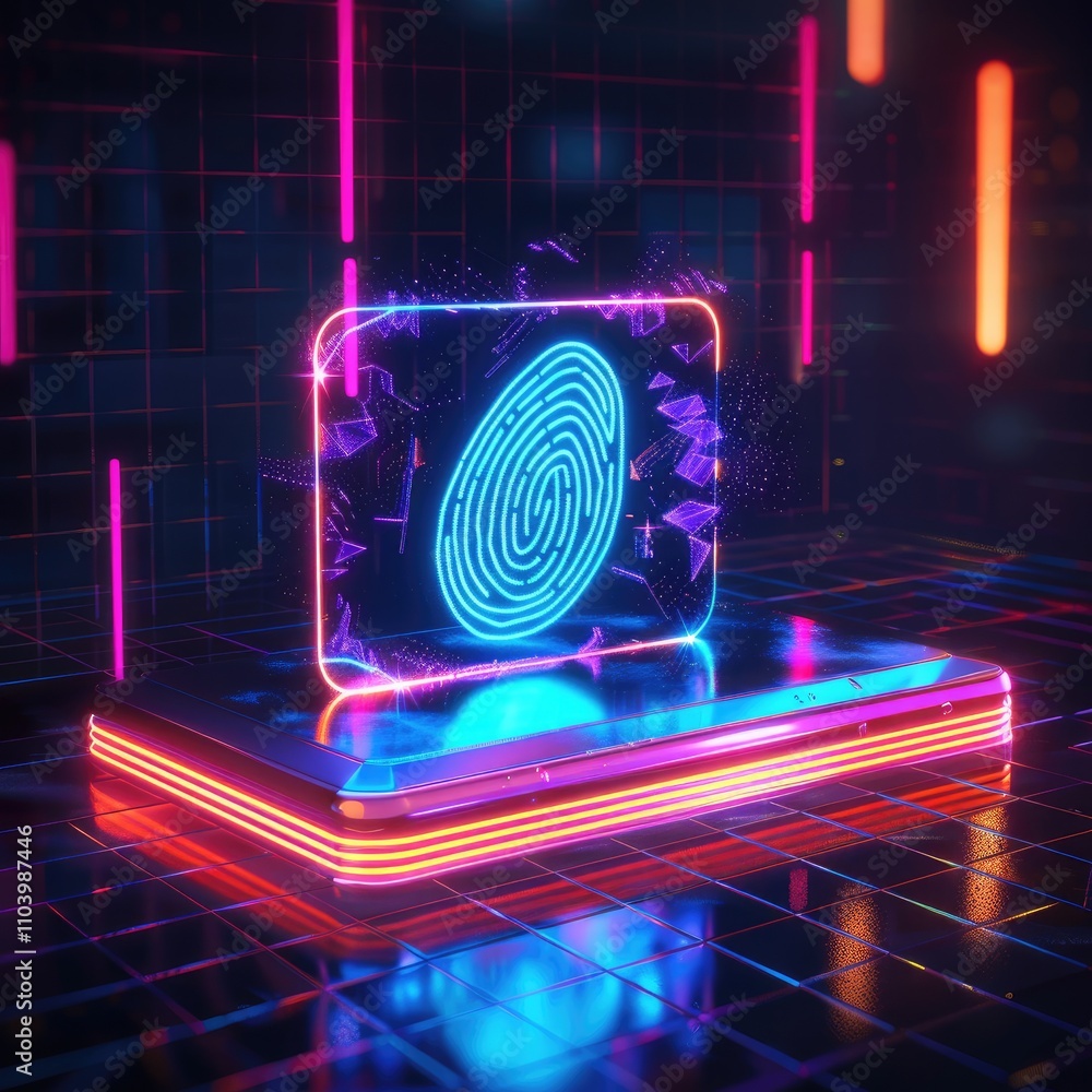 Poster a digital fingerprint displayed on a glowing platform, symbolizing security and technology.