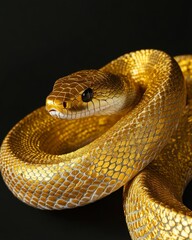 Obraz premium A golden snake, coiled in an elegant and graceful pose, against a black background, its scales shimmering with intricate patterns of gold leaf