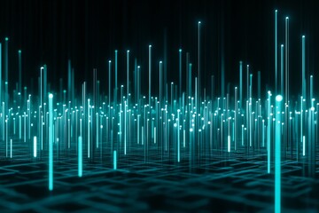 Futuristic abstract landscape with glowing vertical bars and illuminated points, portraying a digital world with neon lights and vibrant energy in a cybernetic theme.