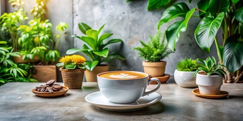 White Coffee in a Modern Plant-Based Cafe Surrounded by Lush Greenery and Concrete Textures, Promoting a Health-Conscious and Fair Trade Ambiance