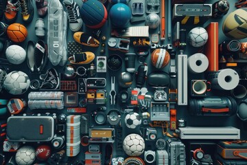 A vibrant assortment of everyday objects arranged in a chaotic pattern on a blue background.