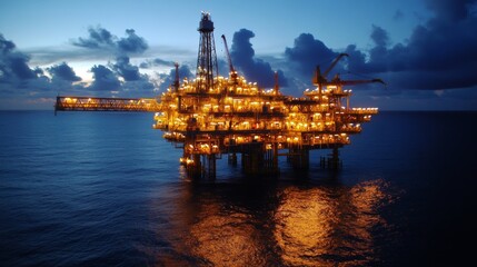 Obraz premium Offshore oil platform illuminated at dusk with dramatic sky over calm waters