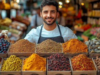 Seller in the Vibrant Spice Market Display close up