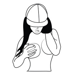 Pin-up classic sexy woman in corset and dotted stockings sitting in circle retro American pin up tattoo design black and white outline coloring book page isolated on white