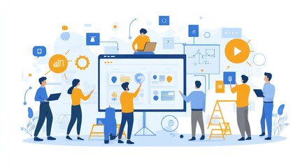 Naklejka premium Team of Programmers Collaborating on App Development