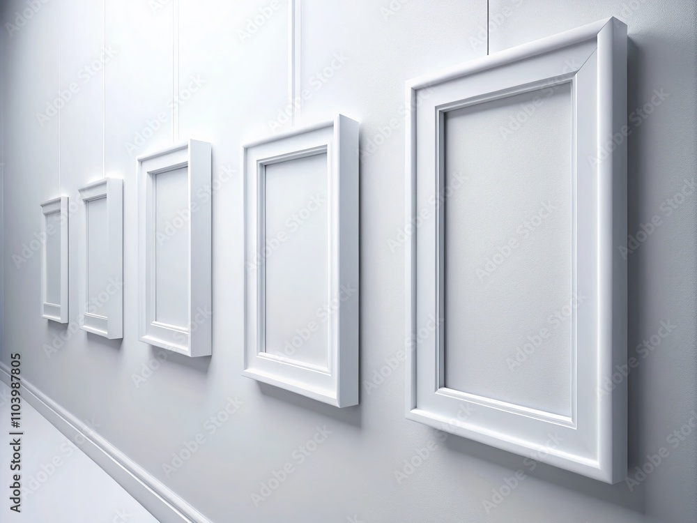Poster white rectangular frames hanging on a white wall mockup for interior design showcase with ample copy