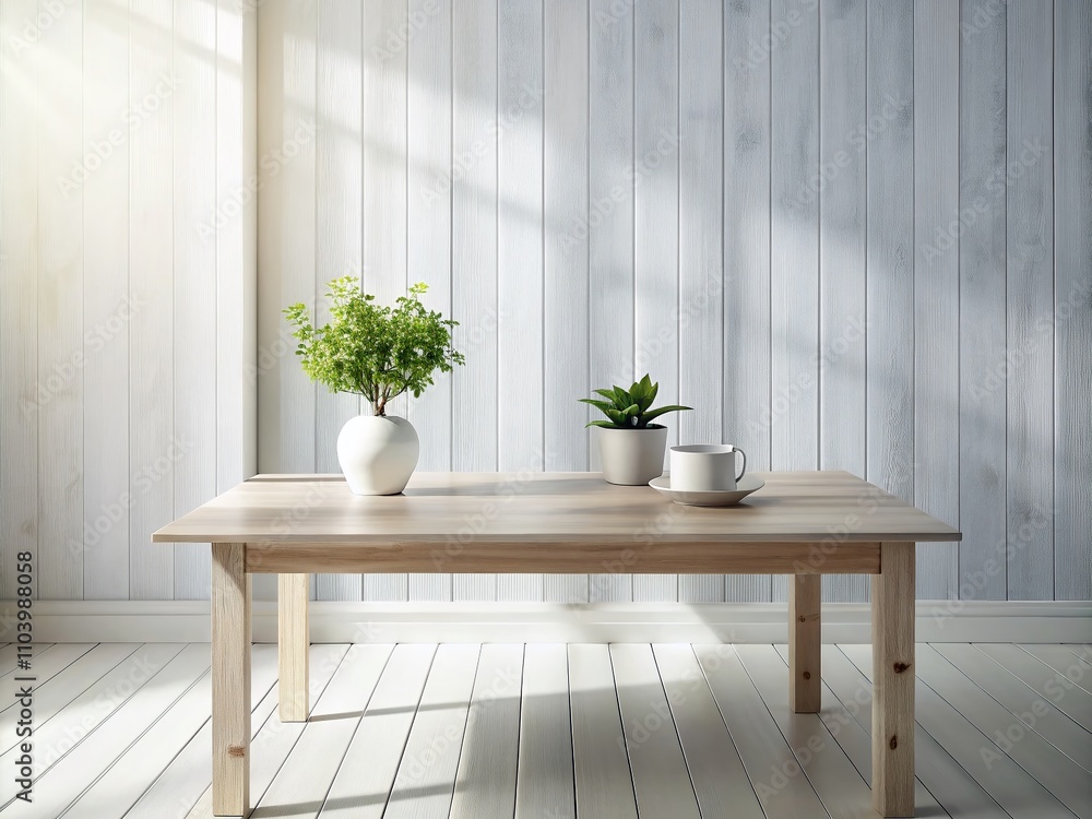 Aufkleber white wood table with natural lighting and shadow in forced perspective, perfect for creative projec