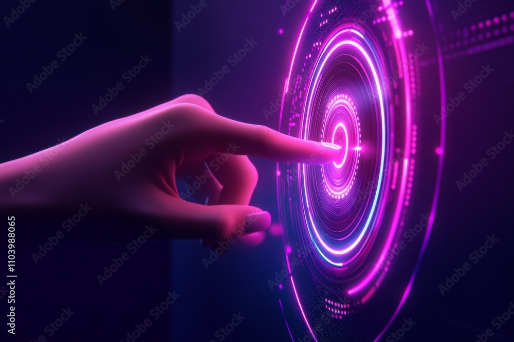 Poster futuristic digital interaction concept with human hand touching glowing circular interface in vibran