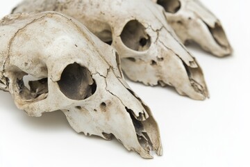 Two skulls sit on a white surface, possibly used for decoration or as a prop in a still life composition