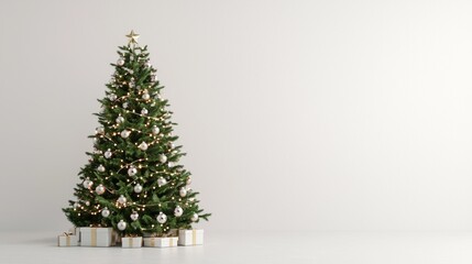 Illuminated Christmas Tree with Ornaments and Garlands in 3D Render on Isolated White Background - Festive Spirit Holiday Concept