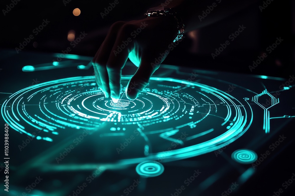 Aufkleber futuristic hand gesture on interactive touchscreen with blue glowing interface and complex digital p