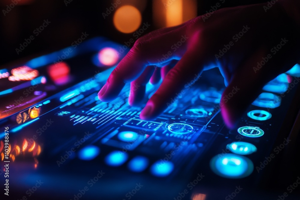 Poster futuristic hand touching interactive touchscreen display with neon graphics and digital interface in