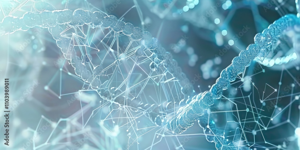 Poster abstract representation of dna strands and molecular structures in a scientific context.