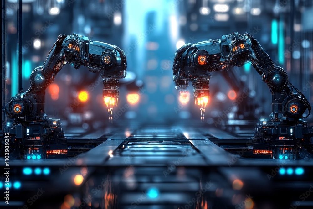 Poster futuristic industrial robotics with advanced mechanisms and vibrant cityscape background in a high-t